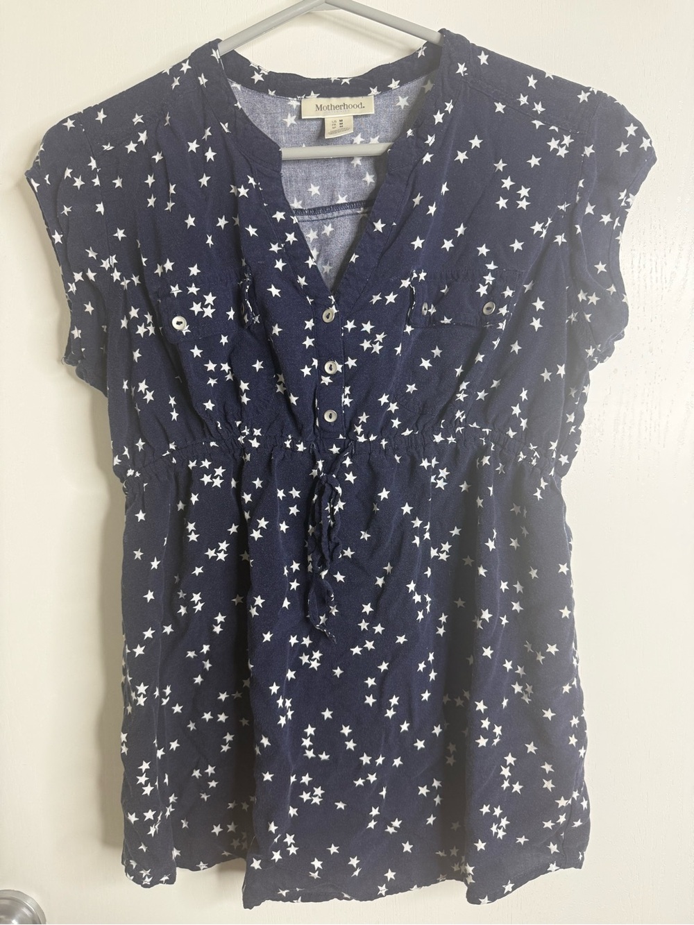 Motherhood Maternity Navy Star Print Short Sleeve Blouse Size Medium